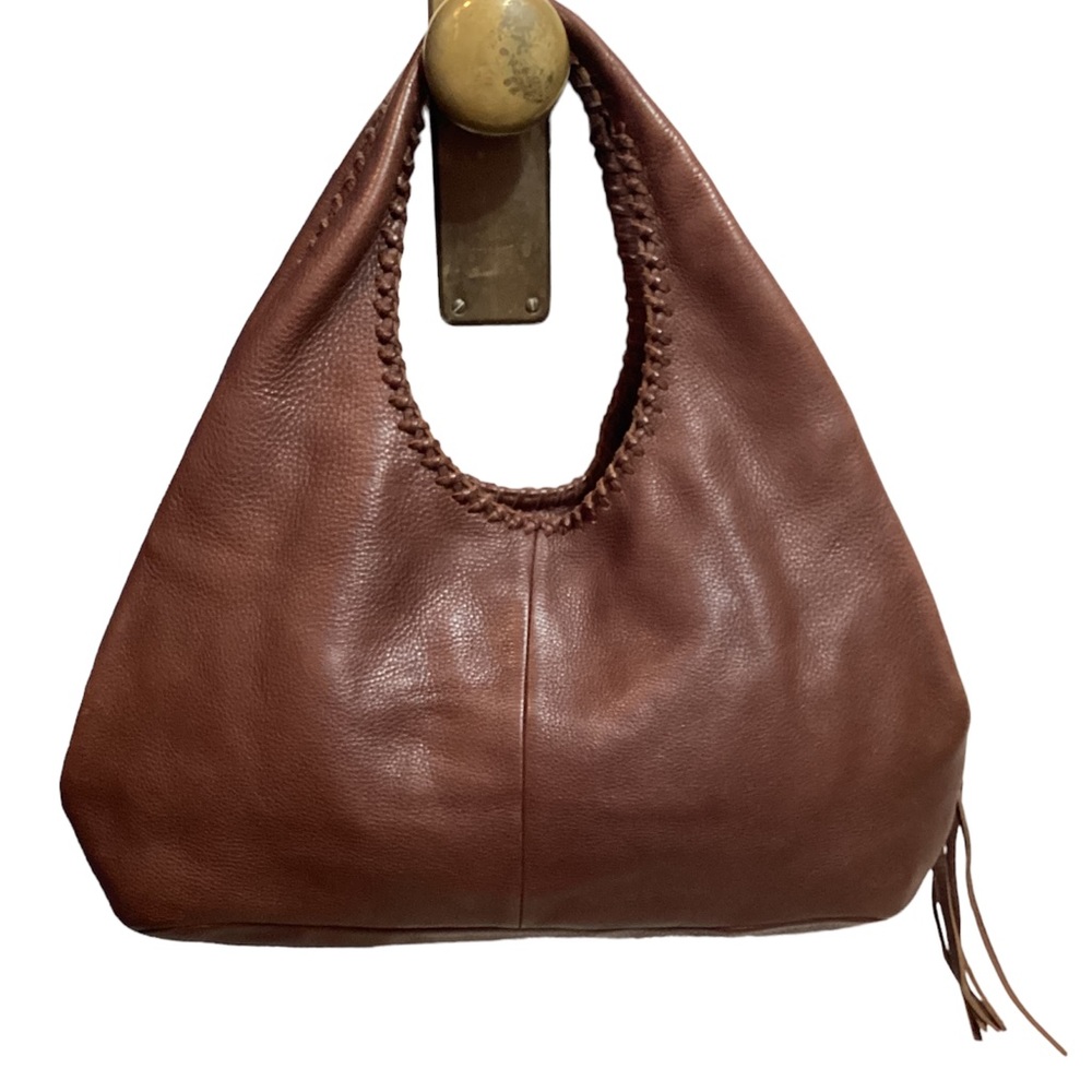 Banana Republic, Brown leather whipstitch, fringe zipper pull shoulder hobo